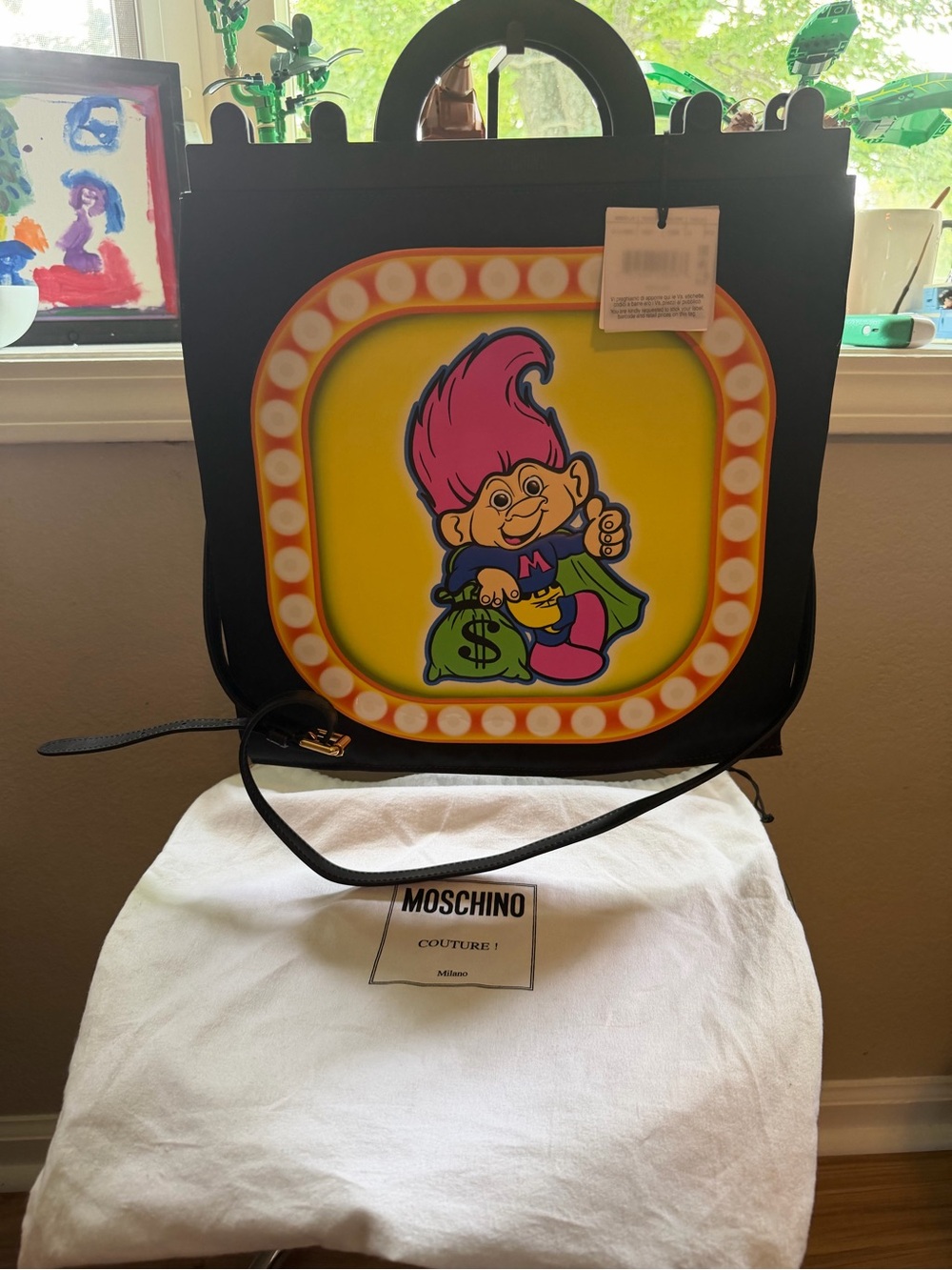 Moschino Black Crossbody Bag with Yellow Panel & Pink Troll
